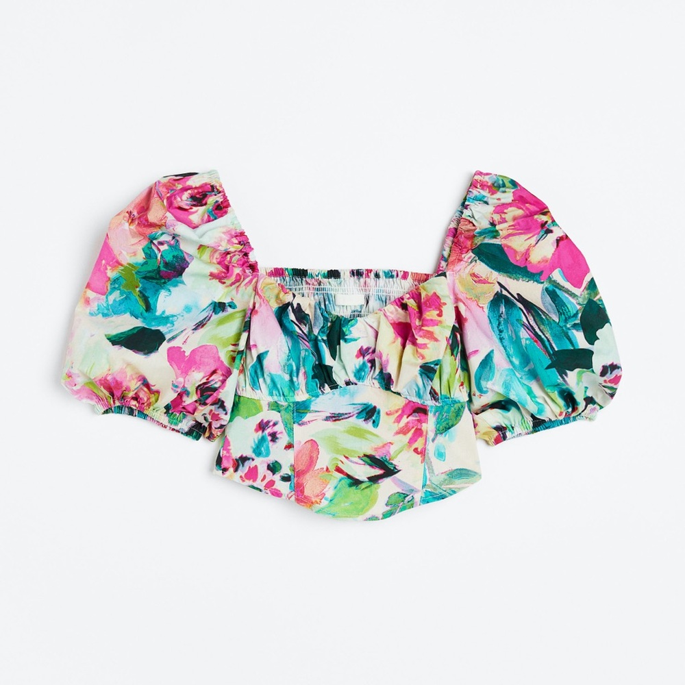 H&M Puffed Sleeve Multi Color Floral Short Sleeve Top